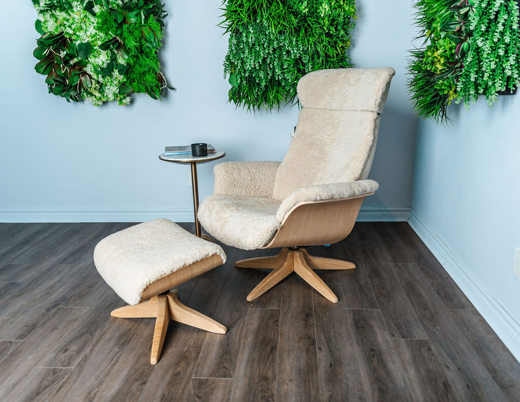 Timeout Recliner and Footstool Sand Sheepskin with Untreated Oak Product Image